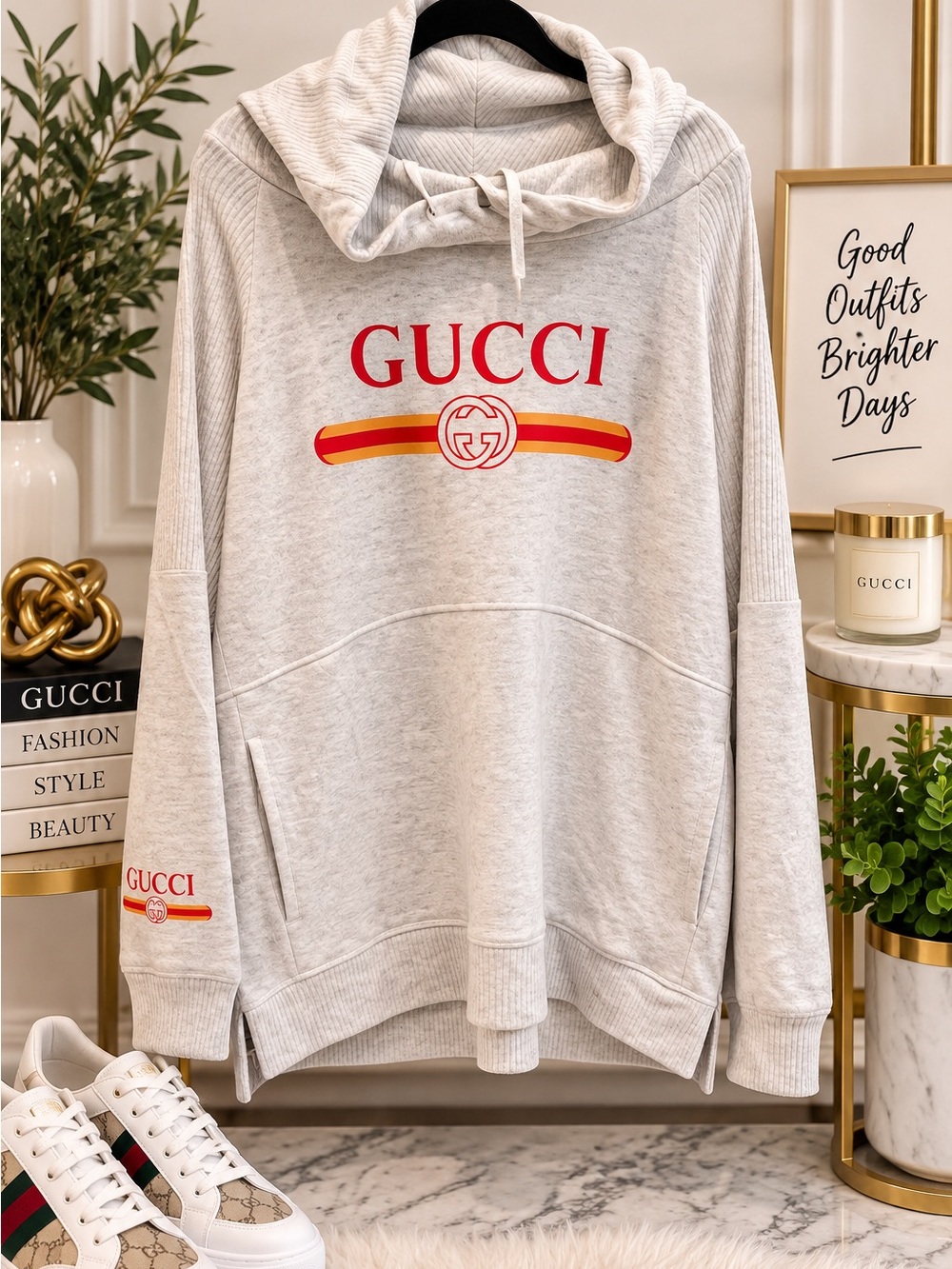Light Gray Logo Hoodie with Red and Yellow Stripe